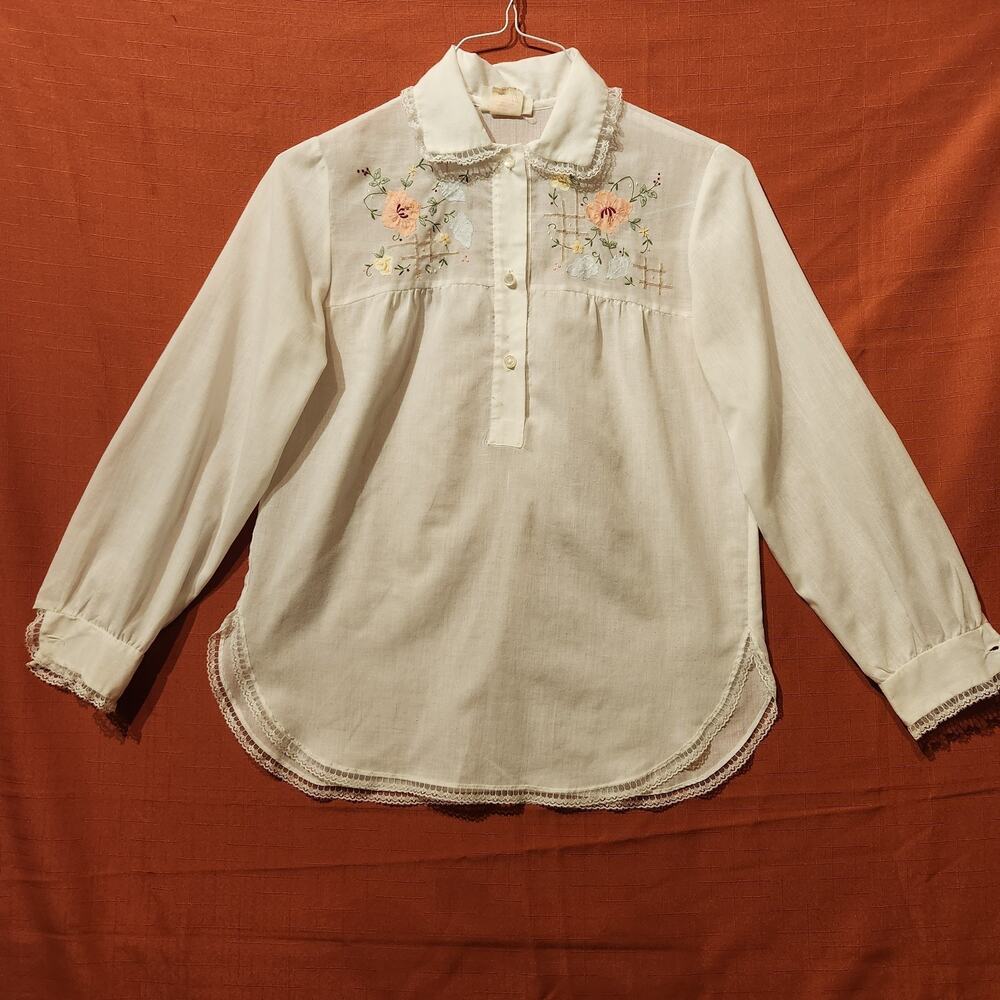 Vintage Sz Small Sheer Embroidered Collared Hippy Boho Flower Blouse Top 70s 60s